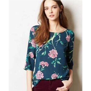 Anthropologie HD in Paris Eira green floral blouse size 6